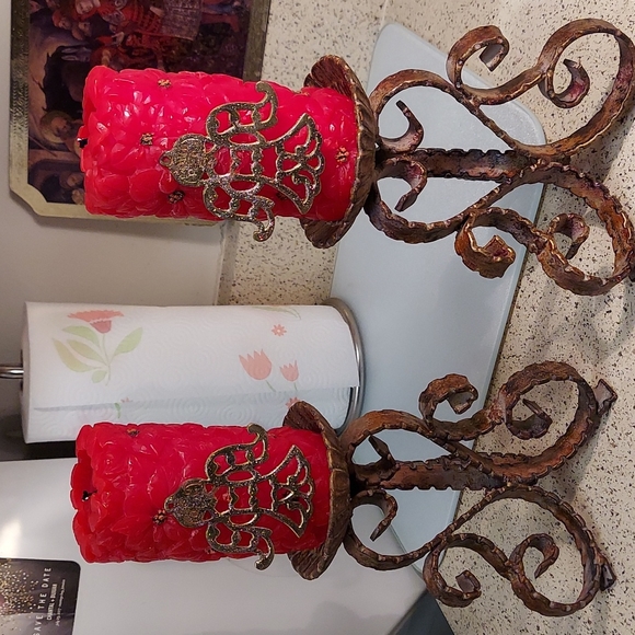 2 Pillar Candle Holder Architectural Scroll Brutalist Style Heavy Metal Sturdy - Picture 1 of 11